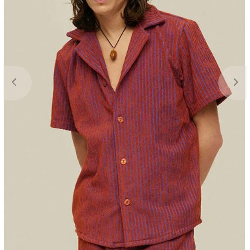 OAS Deep Cut Cuba Terry Shirt Mens Large Orange Purple Stripe Cotton